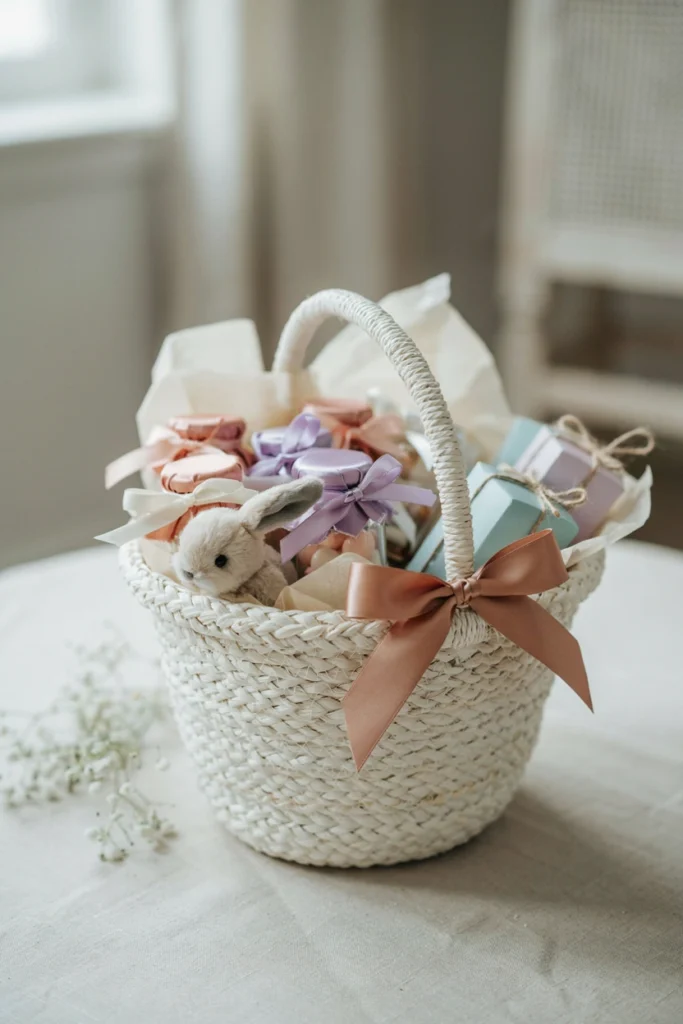 Ribbon-tied guest favor basket in blush and cream for a baby shower