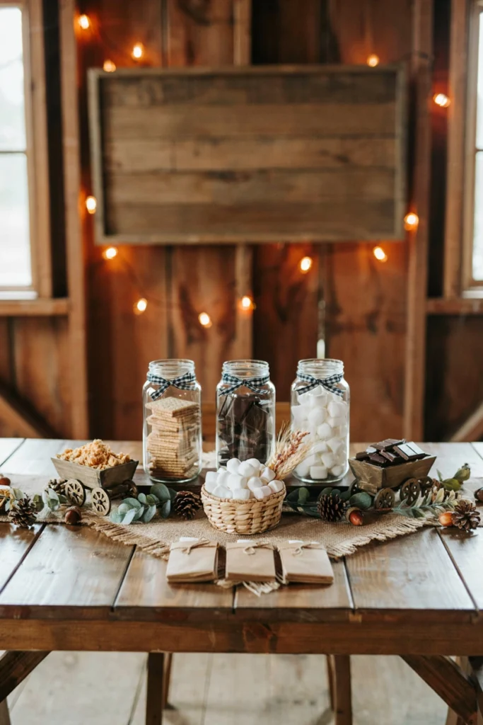 Campfire s'mores bar fall baby shower dessert station with rustic tin buckets