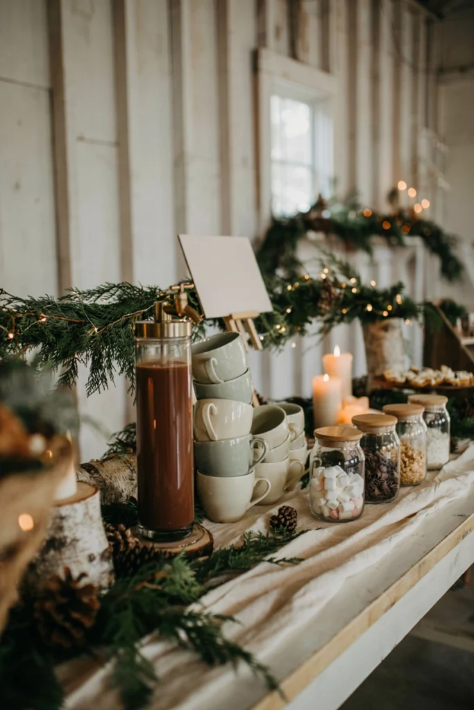 Hot chocolate bar with glass jars of toppings for a Christmas baby shower