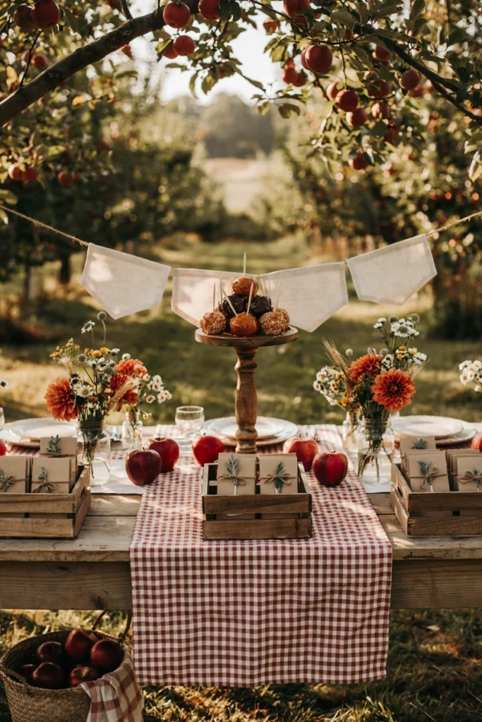 Apple of Our Eye fall baby shower table with caramel apples and red gingham