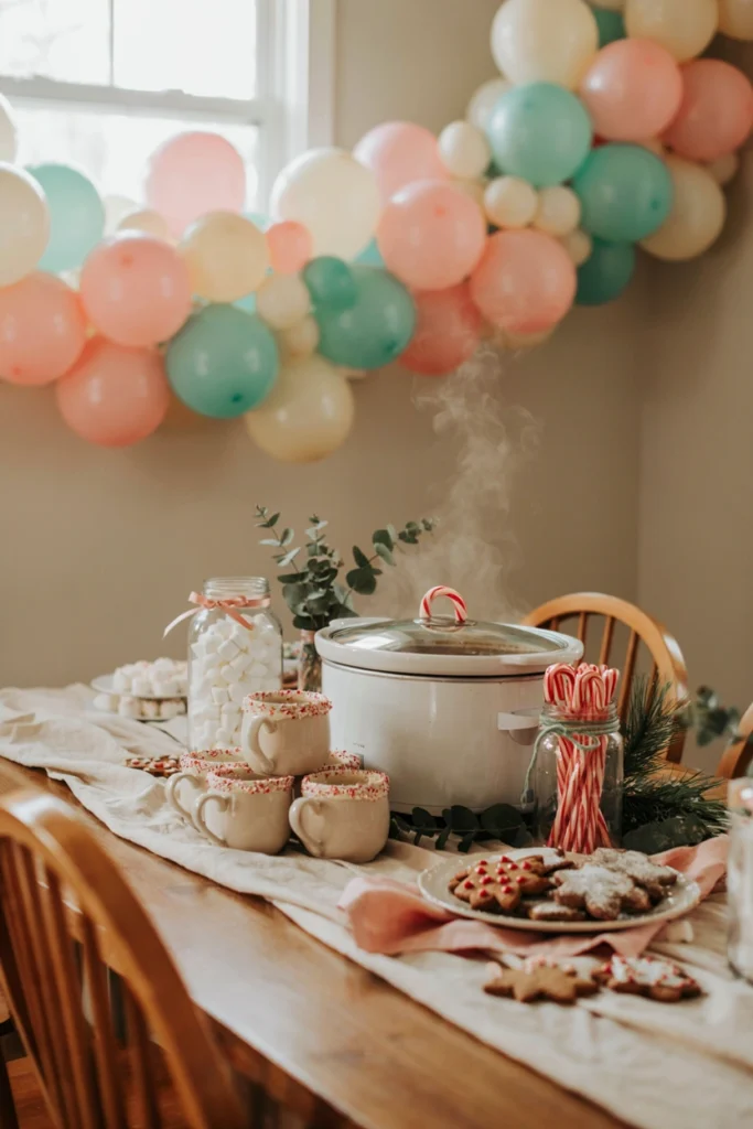 Hot cocoa bar with peppermint-rimmed mugs for a candyland Christmas baby shower