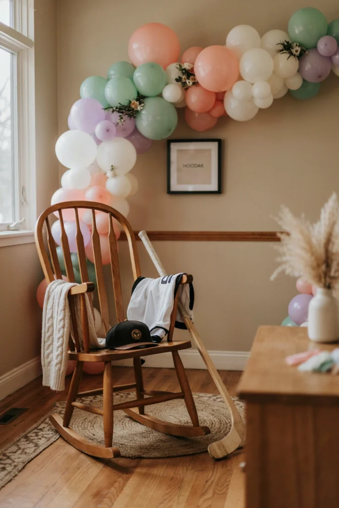 Future player nursery-inspired corner styled for a hockey baby shower