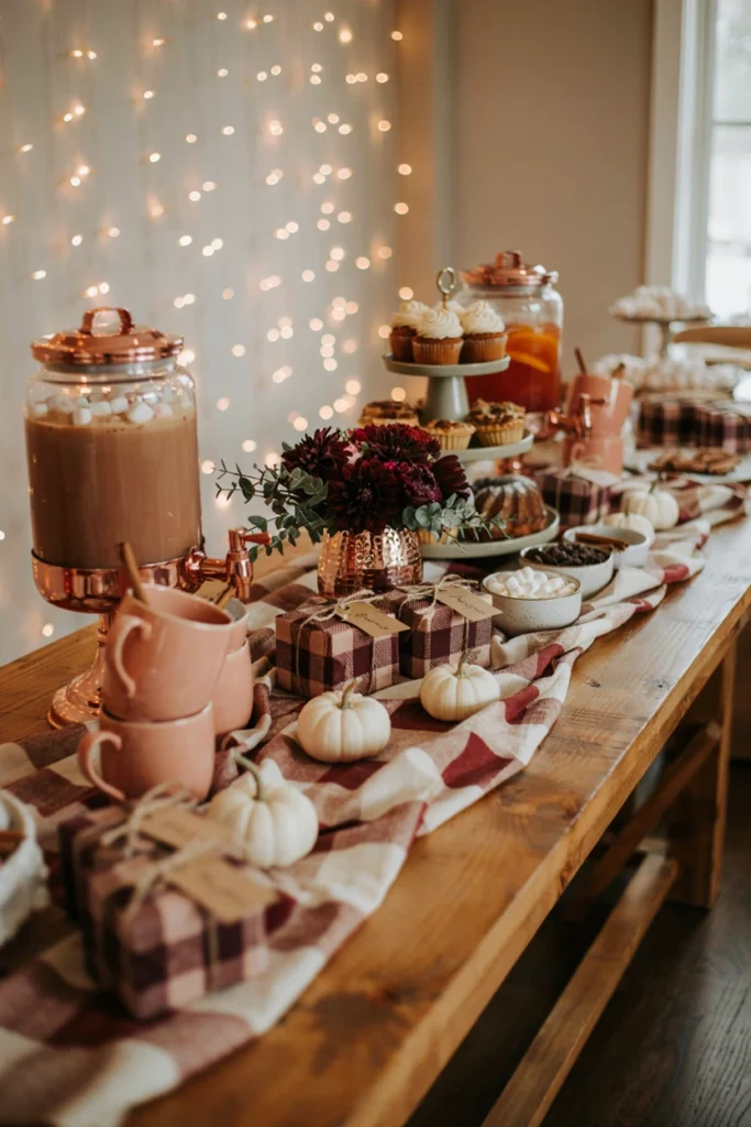 Cozy buffalo plaid fall baby shower dessert table in cream and burgundy