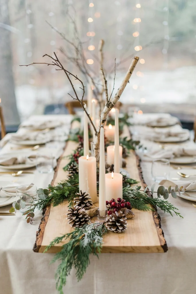 Wood slab centerpiece with pinecones, birch branches, and pillar candles