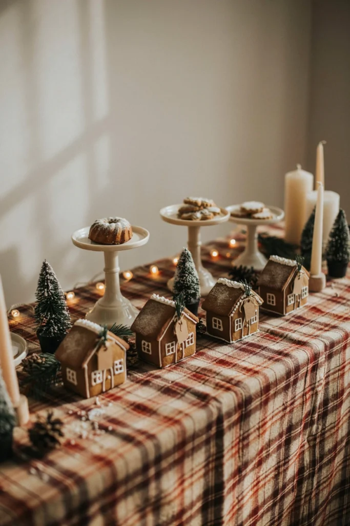 Plaid dessert table with gingerbread house favors at a Christmas baby shower