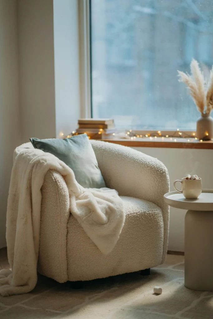 Cozy faux fur and twinkle light lounge corner at a winter baby shower