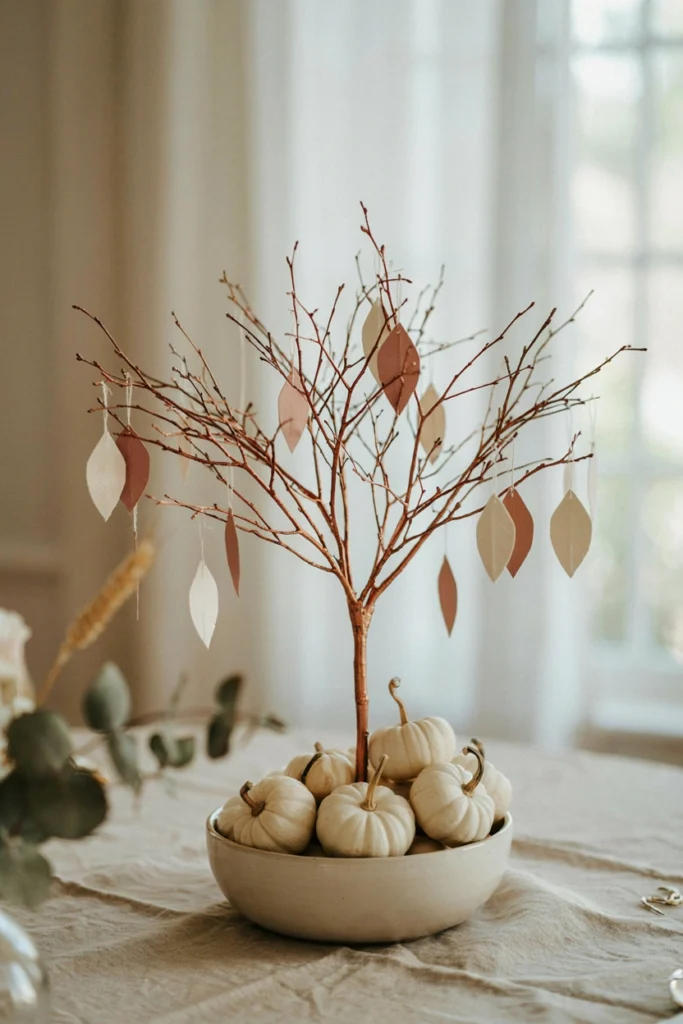 Copper branch tree with hanging paper leaves for a fall baby shower centerpiece