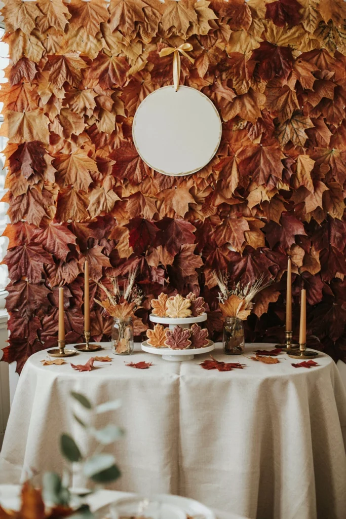 Maple leaf ombre backdrop fading from amber to burgundy at a fall baby shower