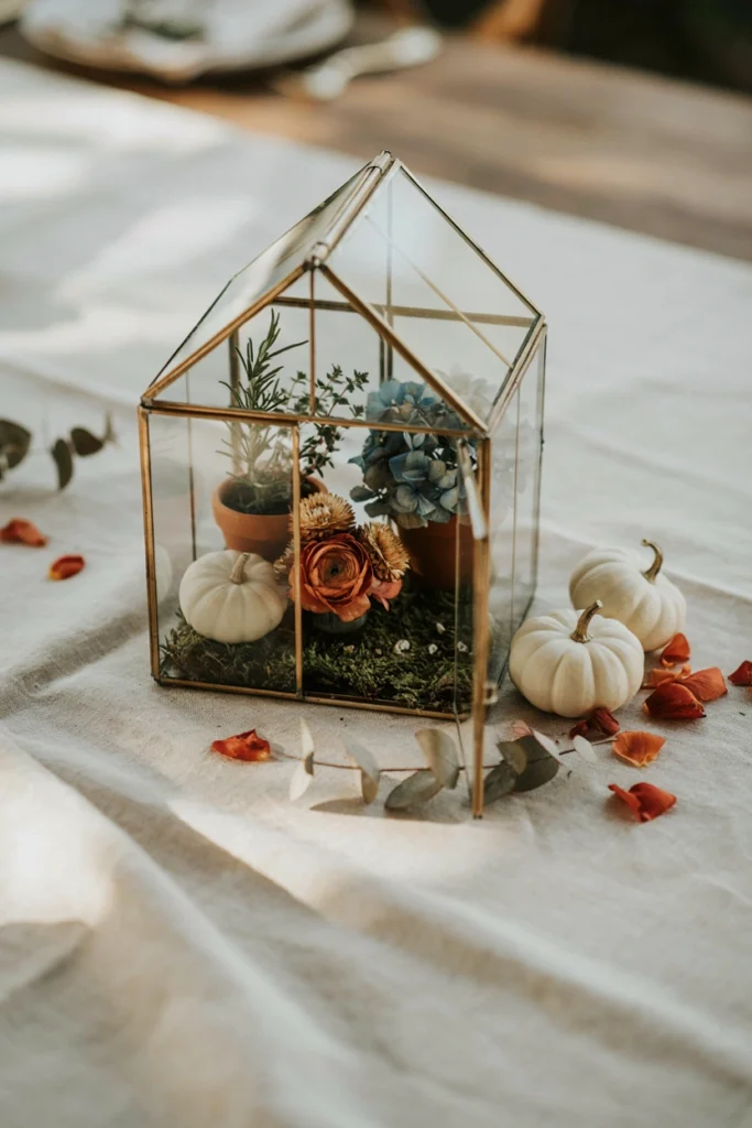 Miniature greenhouse herb garden centerpiece for a fall baby shower