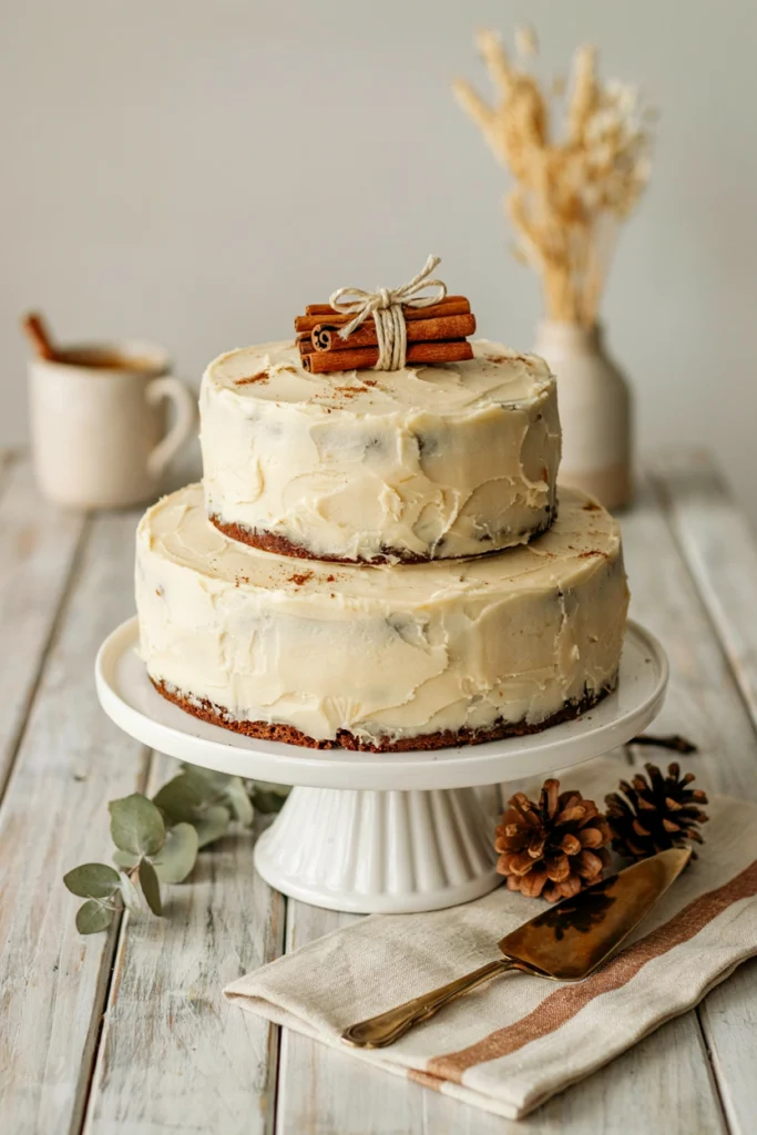 Rustic two-tier spiced cake with cream cheese frosting, cinnamon dust, and a cinnamon stick bundle on top