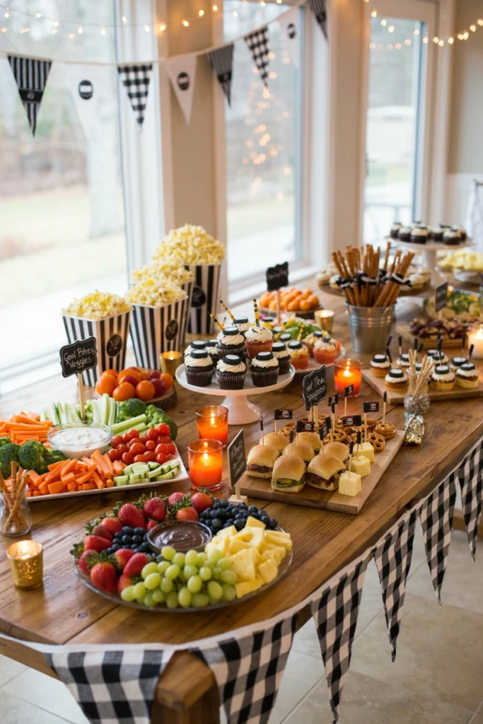 Stadium snack station with pretzels, nachos, and popcorn for a hockey baby shower