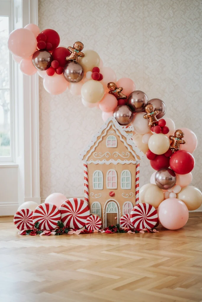 Rose gold and blush balloon garland arch with a gingerbread house cutout for a candyland Christmas baby shower