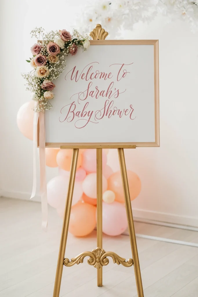 Gold-framed welcome easel sign with blush roses for a sugar plum baby shower