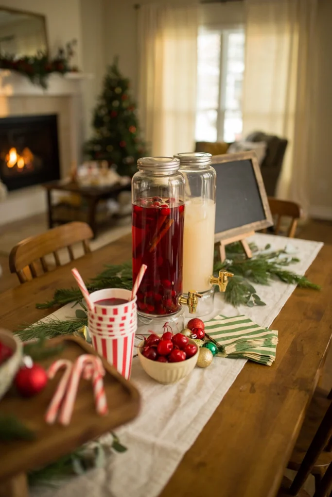 Candy cane sip station with striped cups at a Grinch baby shower