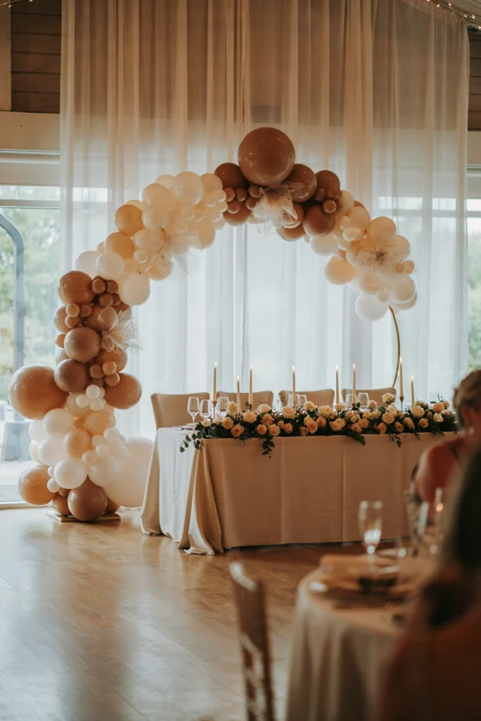 Ivory and nude floor-standing balloon arch centerpiece behind a baby shower head table