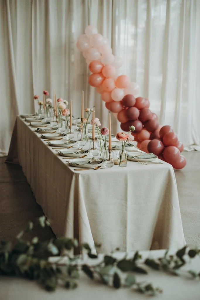 Dusty rose to white ombre balloon cascade centerpiece across a long baby shower table