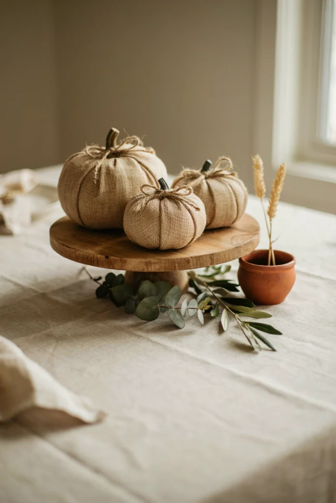 Burlap-wrapped pumpkin trio on a wood cake stand for a fall baby shower