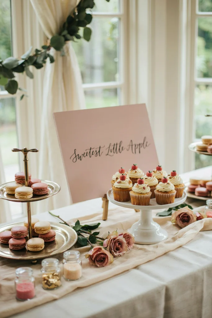 Blush pink apple cupcake dessert table for a baby shower