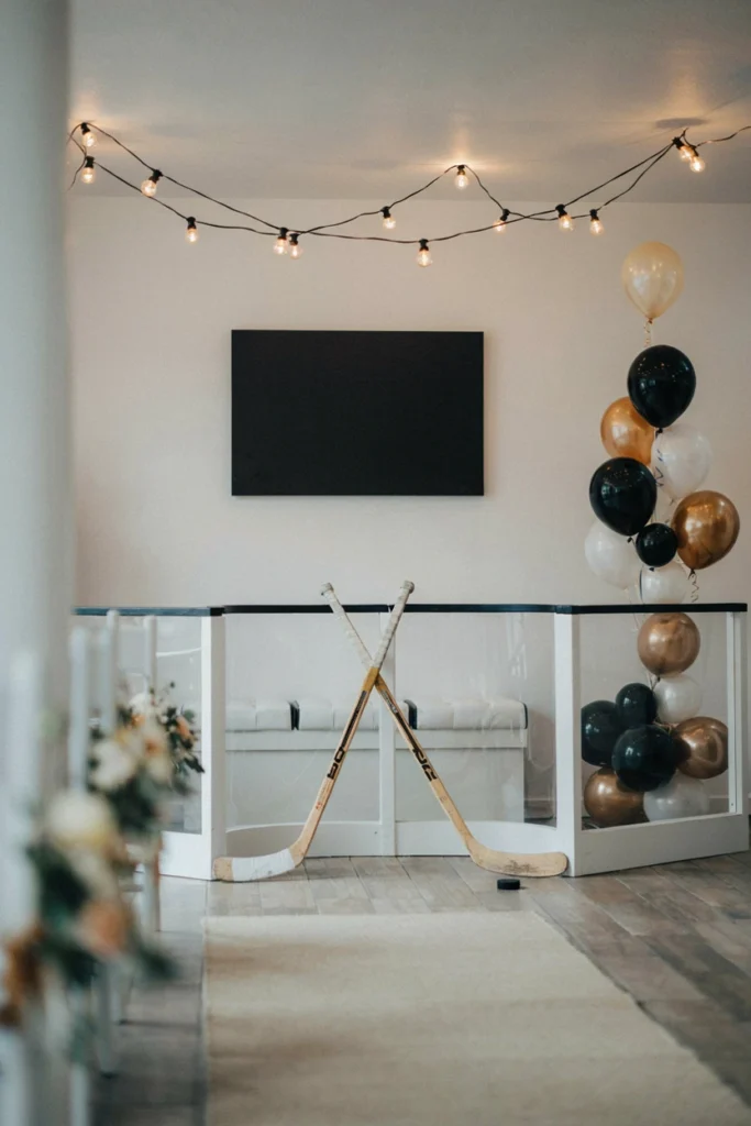 Penalty box photo booth setup for a hockey baby shower