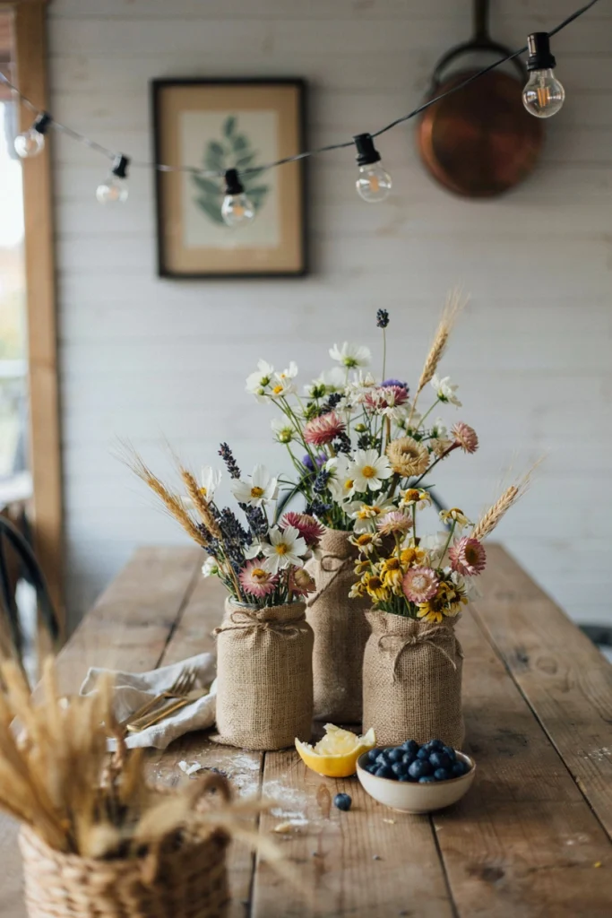 Burlap and twine-wrapped mason jars filled with wildflowers and wheat stalks on a wooden farm table under string lights