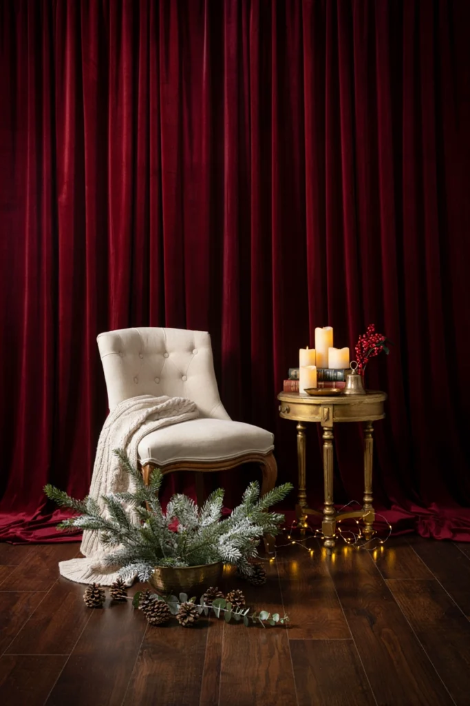 Burgundy velvet curtain backdrop for Christmas baby shower photos