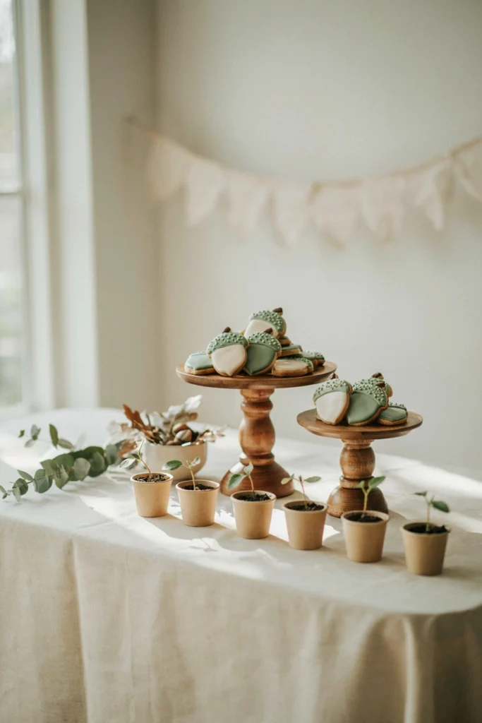 Minimalist cream and sage fall baby shower dessert table with acorn cookies and oak sapling favors