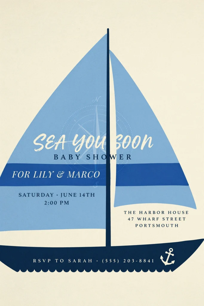 A sea you soon baby shower invitation cut into the literal silhouette of a sailboat, printed in layered blue tones with the party details along the sail