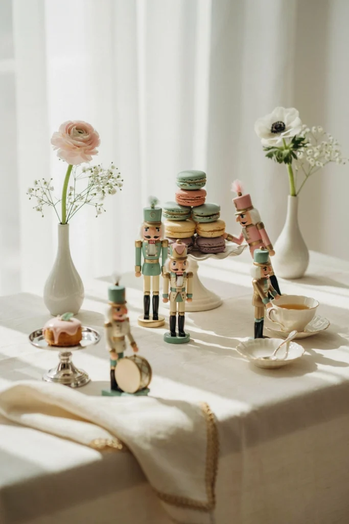 Miniature nutcracker soldier figurines styled on a baby shower dessert table