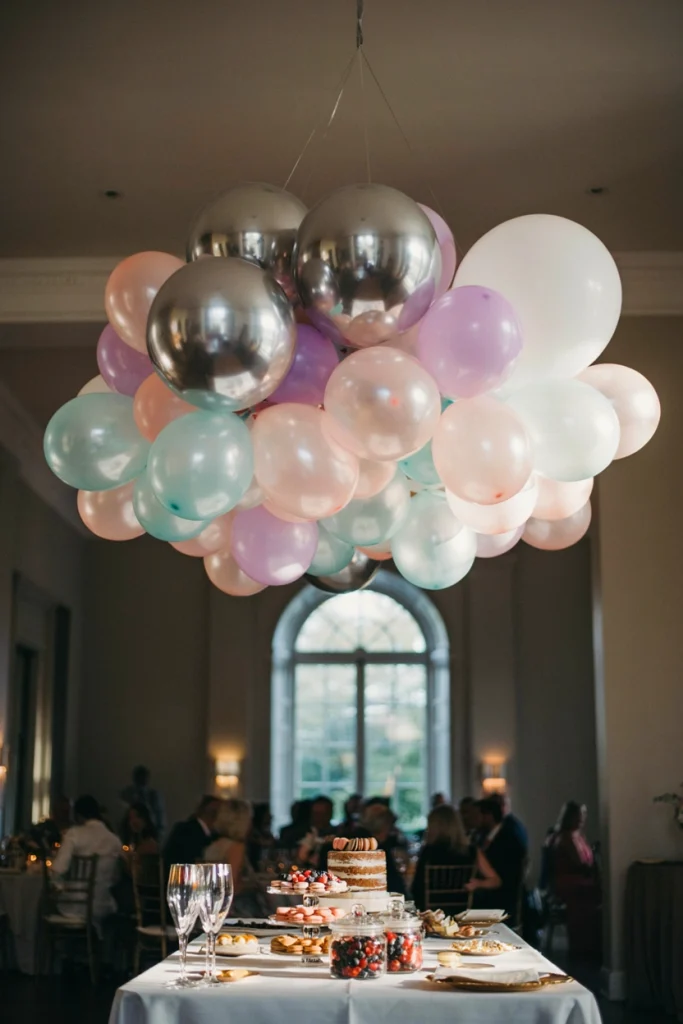 Silver and iridescent hanging balloon chandelier centerpiece above a baby shower dessert table
