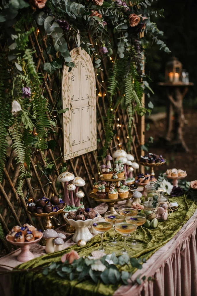 Enchanted forest baby shower table with fairy lights and glowing toadstool cake pops