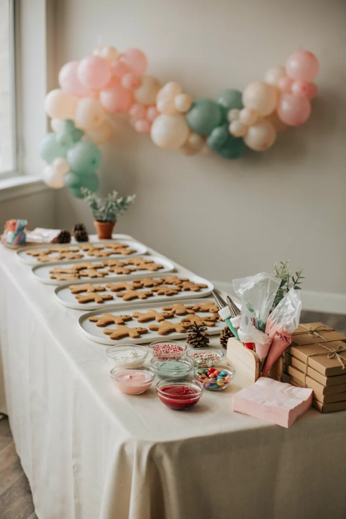 Guests decorating gingerbread cookies at a Christmas baby shower activity station
