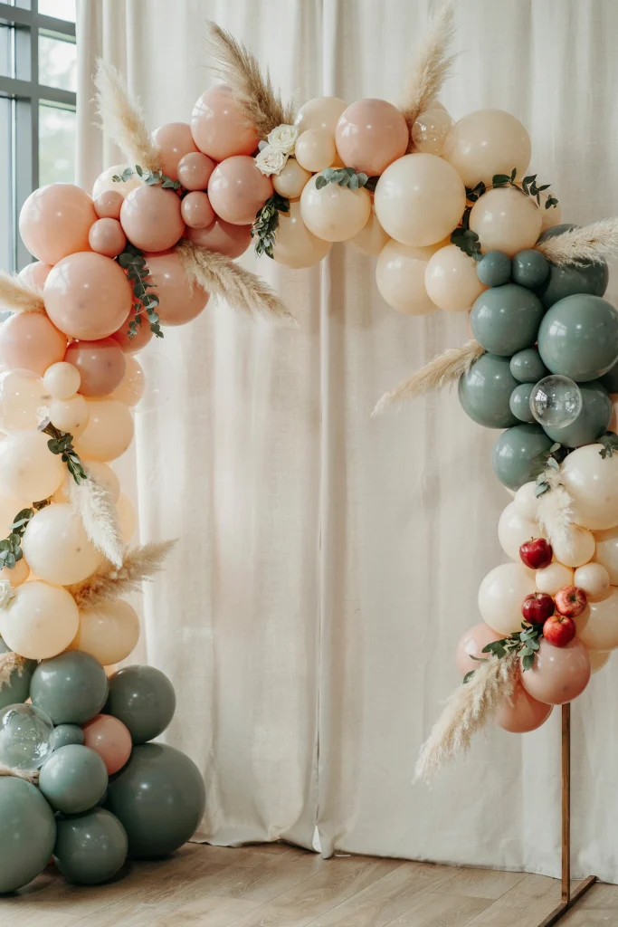 Blush and sage balloon garland arch with apples