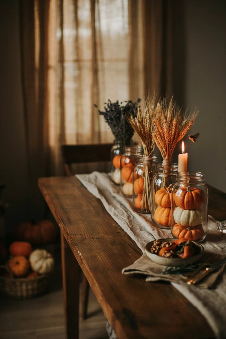 A row of mason jars in warm amber, rust, and cream tones filled with pumpkins, dried wheat, and candlelight down a long wooden table, soft golden-hour light