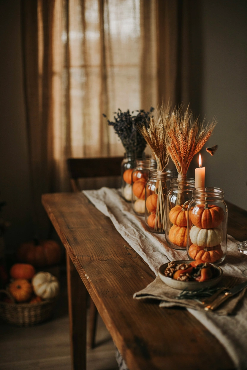 A row of mason jars in warm amber, rust, and cream tones filled with pumpkins, dried wheat, and candlelight down a long wooden table, soft golden-hour light