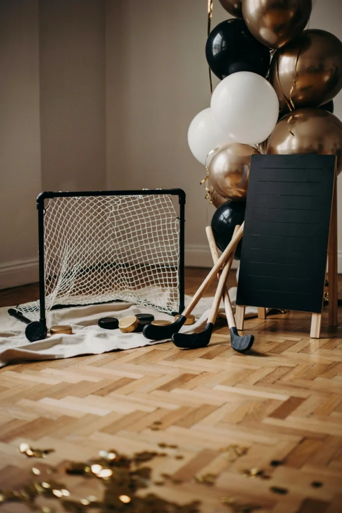Mini shoot-the-puck game station set up for a hockey baby shower