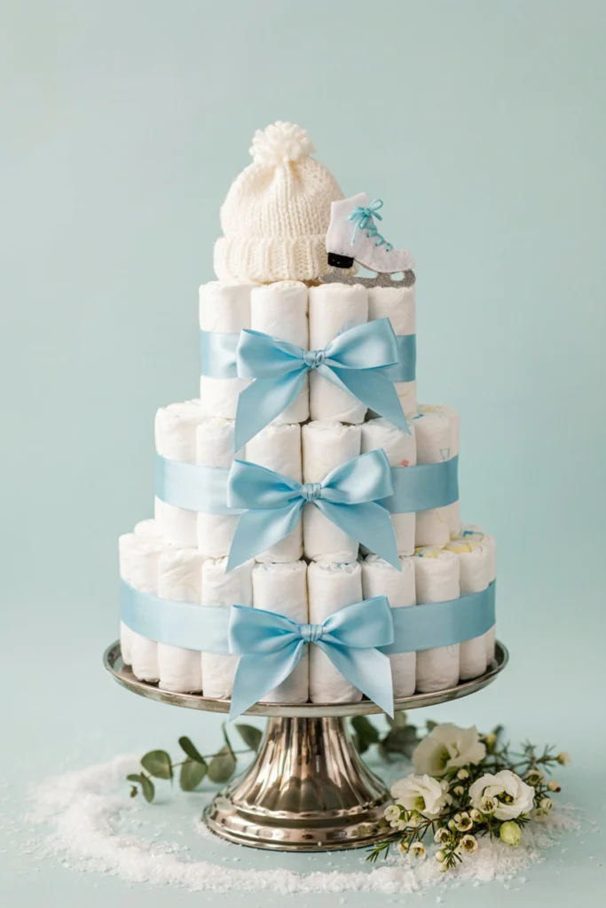 Ice skating themed diaper cake with ice blue ribbon and felt skate topper