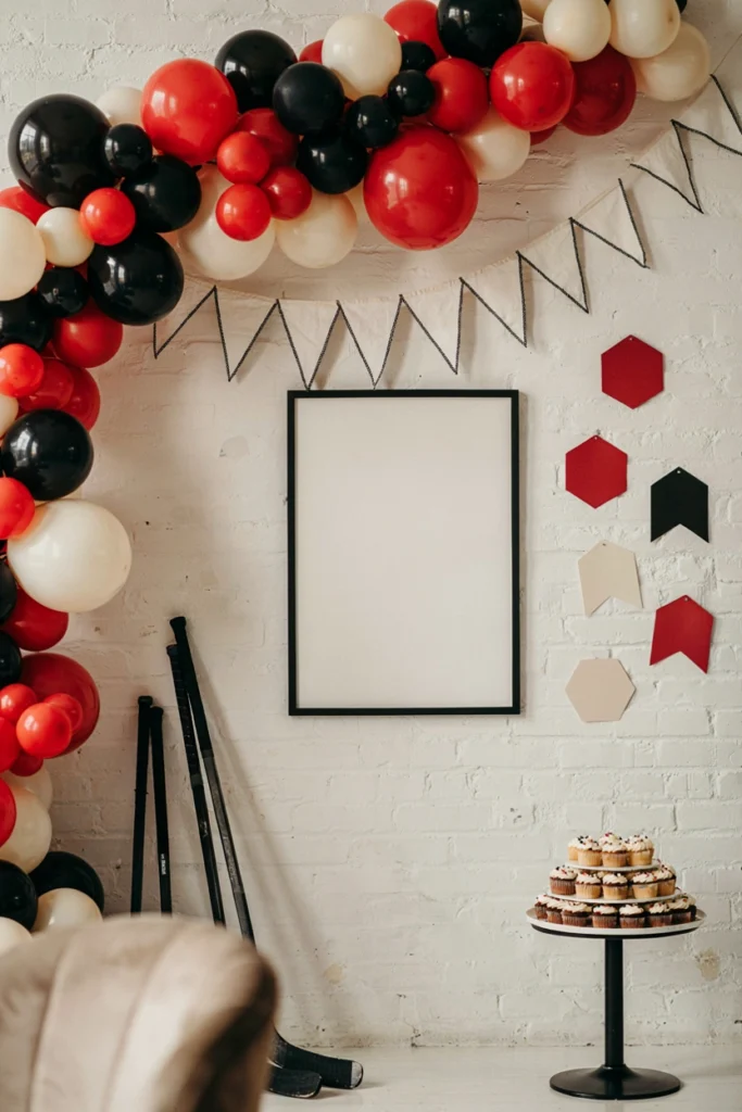 Team-colored photo wall for a hockey baby shower