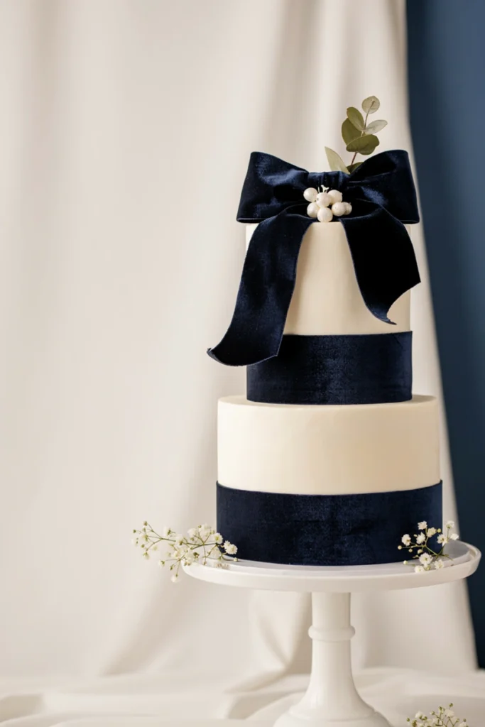 Elegant white fondant cake wrapped in a wide navy velvet fondant ribbon tied into an oversized bow