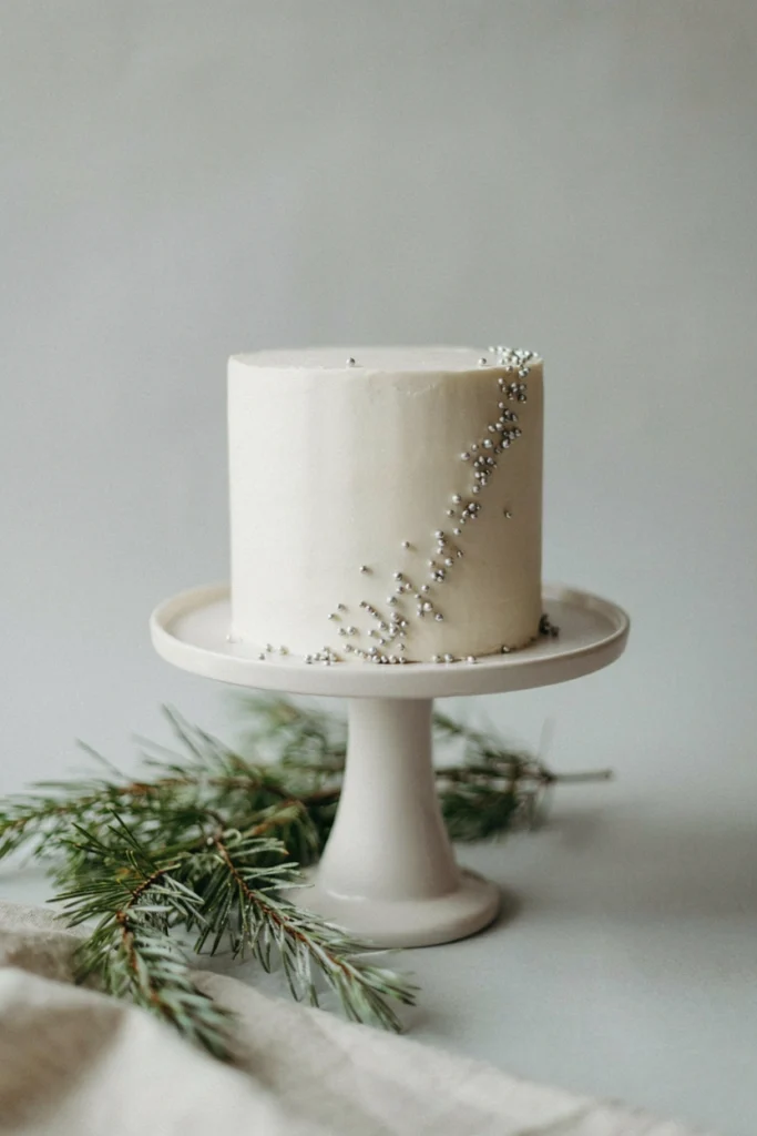White cake studded with scattered silver dragées climbing up one side