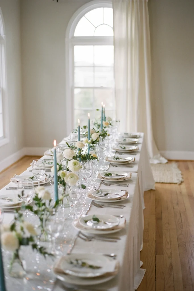 Silver sequin table runner with white florals for an ice skating baby shower