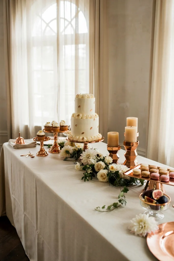 Elegant cream and copper fall baby shower dessert table with white dahlias