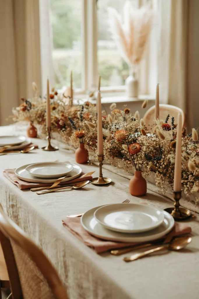 Fall baby shower table runner of dried wildflowers and wheat stalks in cream and gold