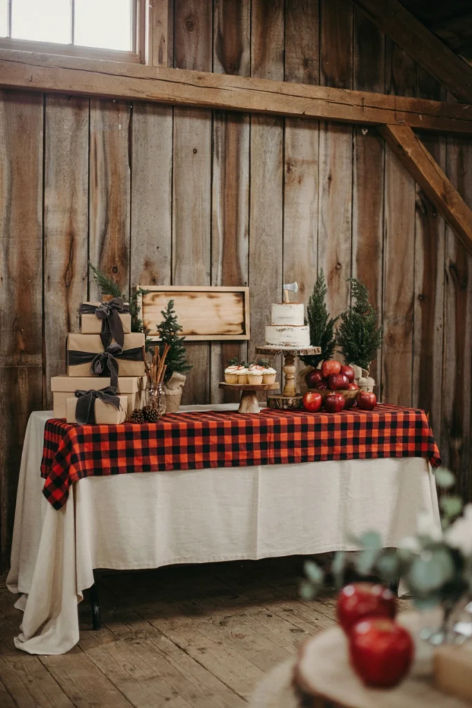 Buffalo plaid fall baby shower table with red and black check tablecloth