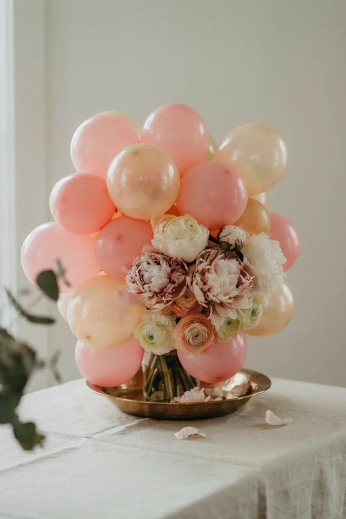 Blush and cream balloon cluster with fresh peonies centerpiece in a gold compote bowl