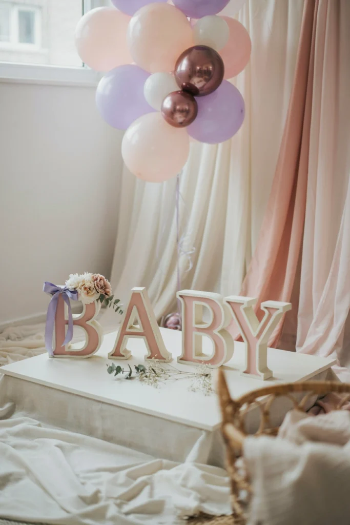 Blush BABY marquee letters displayed at a sugar plum baby shower