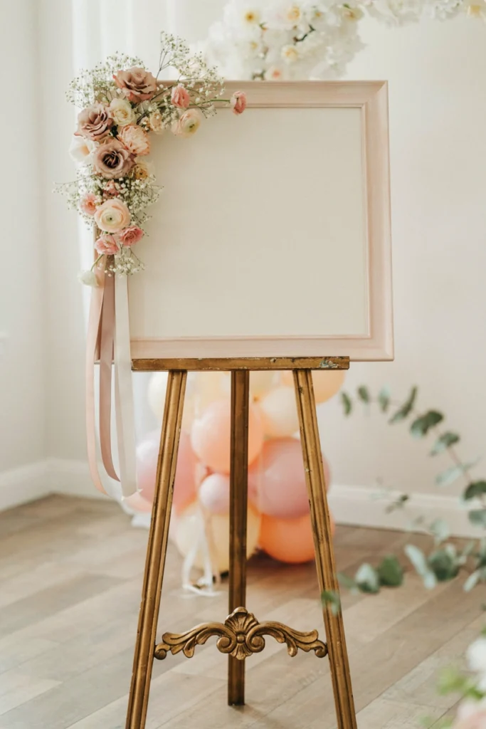 Gold-framed welcome easel sign with blush roses for a sugar plum baby shower