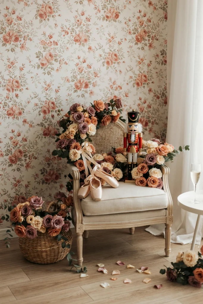 Floral-draped mom-to-be armchair at a nutcracker themed baby shower