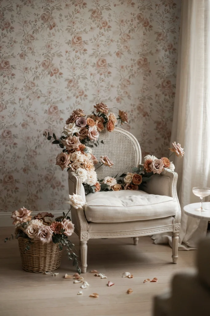 Floral-draped mom-to-be armchair at a nutcracker themed baby shower