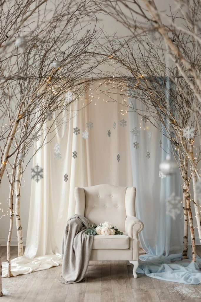 Winter wonderland photo backdrop with fairy lights and snowflakes for a baby shower