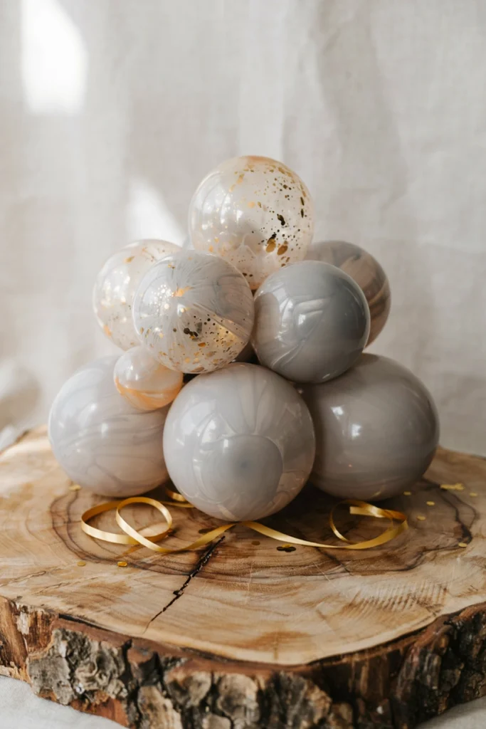 Marbled gray, white, and gold balloon geode cluster centerpiece on a raw wood slice
